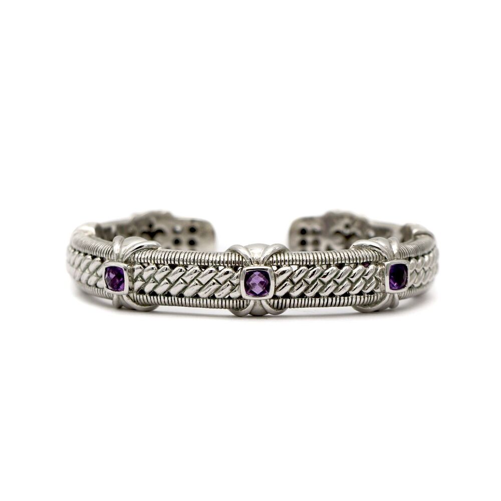 Judith Ripka 925 Silver Amethyst Hinge Cuff Bracelet